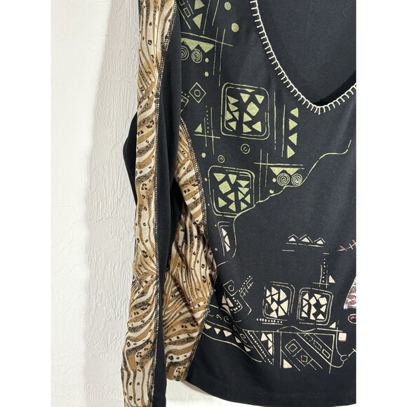 Chico's Black Tribal Geo Khaki Print Sz 1 Medium Women’s V- neck Cotton Blouse - Picture 3 of 7